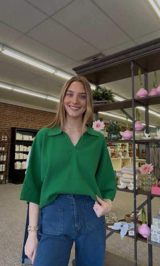 Entro Green V-Neck Collar 3/4 Sweater