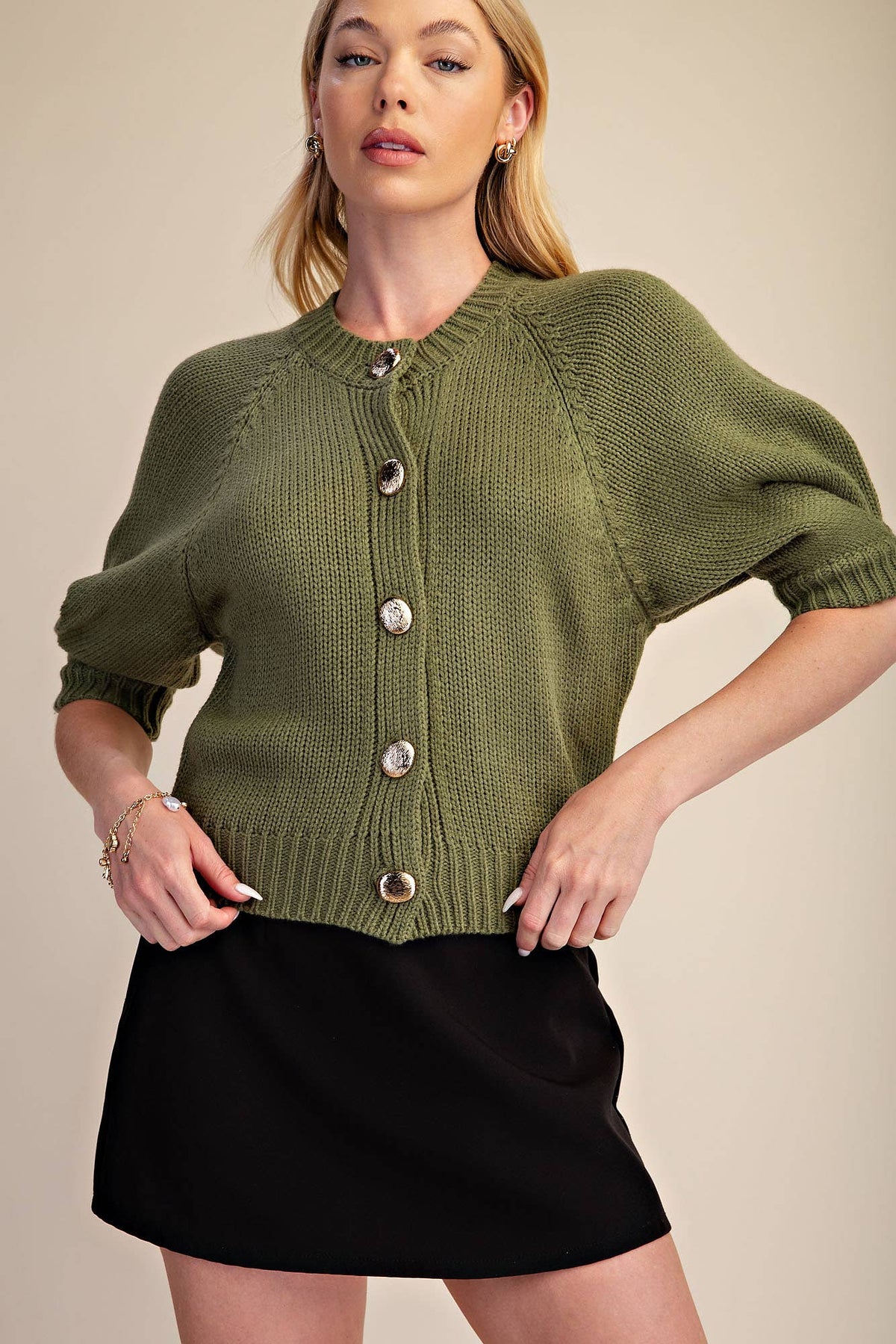 Glam Puff Sleeve Cardigan Olive