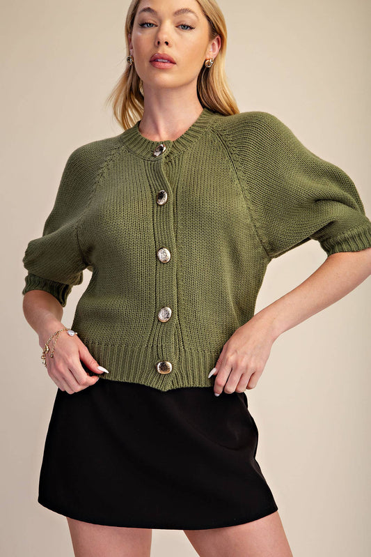 Glam Puff Sleeve Cardigan Olive