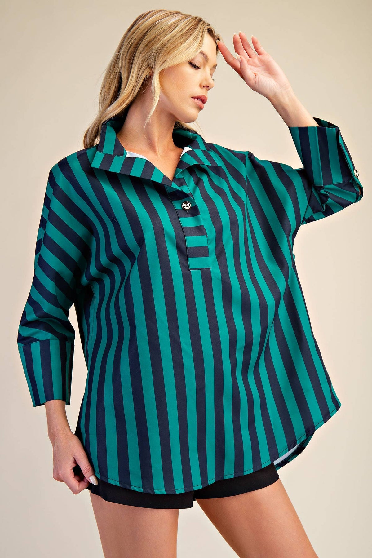 Glam Stand Neck Stripe Top Navy / Green
