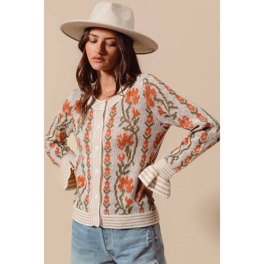 Cream Floral Ruffle Sleeve Cardigan