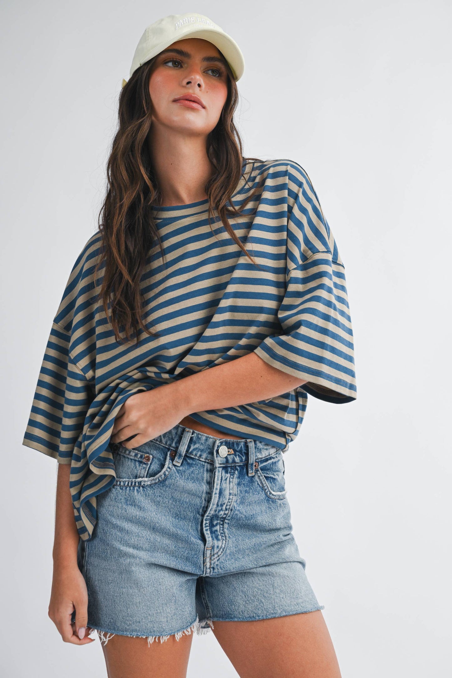 Oversized Stripe Boyfriend Tee Tan