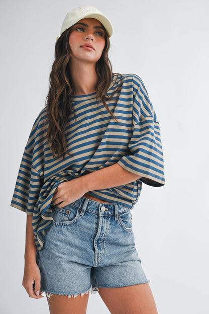 Oversized Stripe Boyfriend Tee Tan