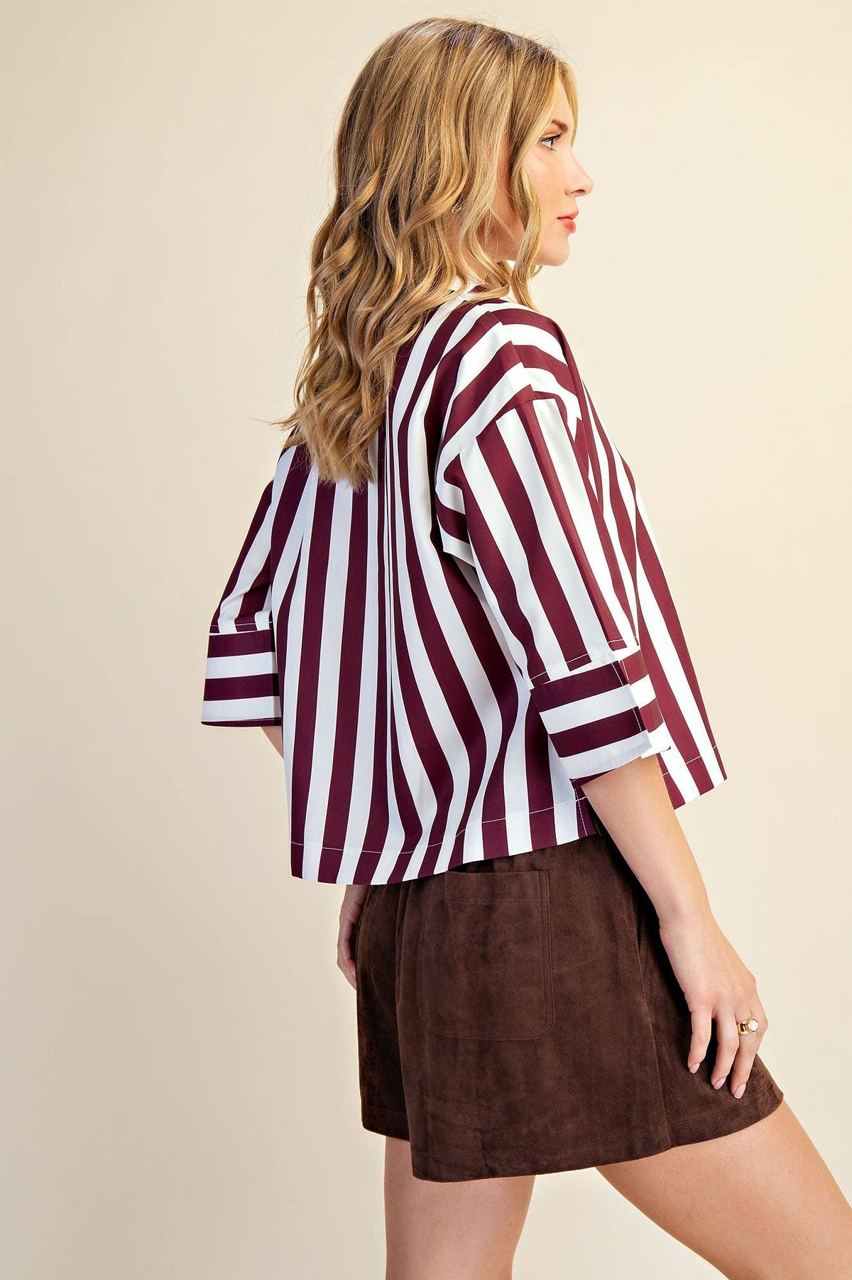 Glam Collared Stripe Top Wine