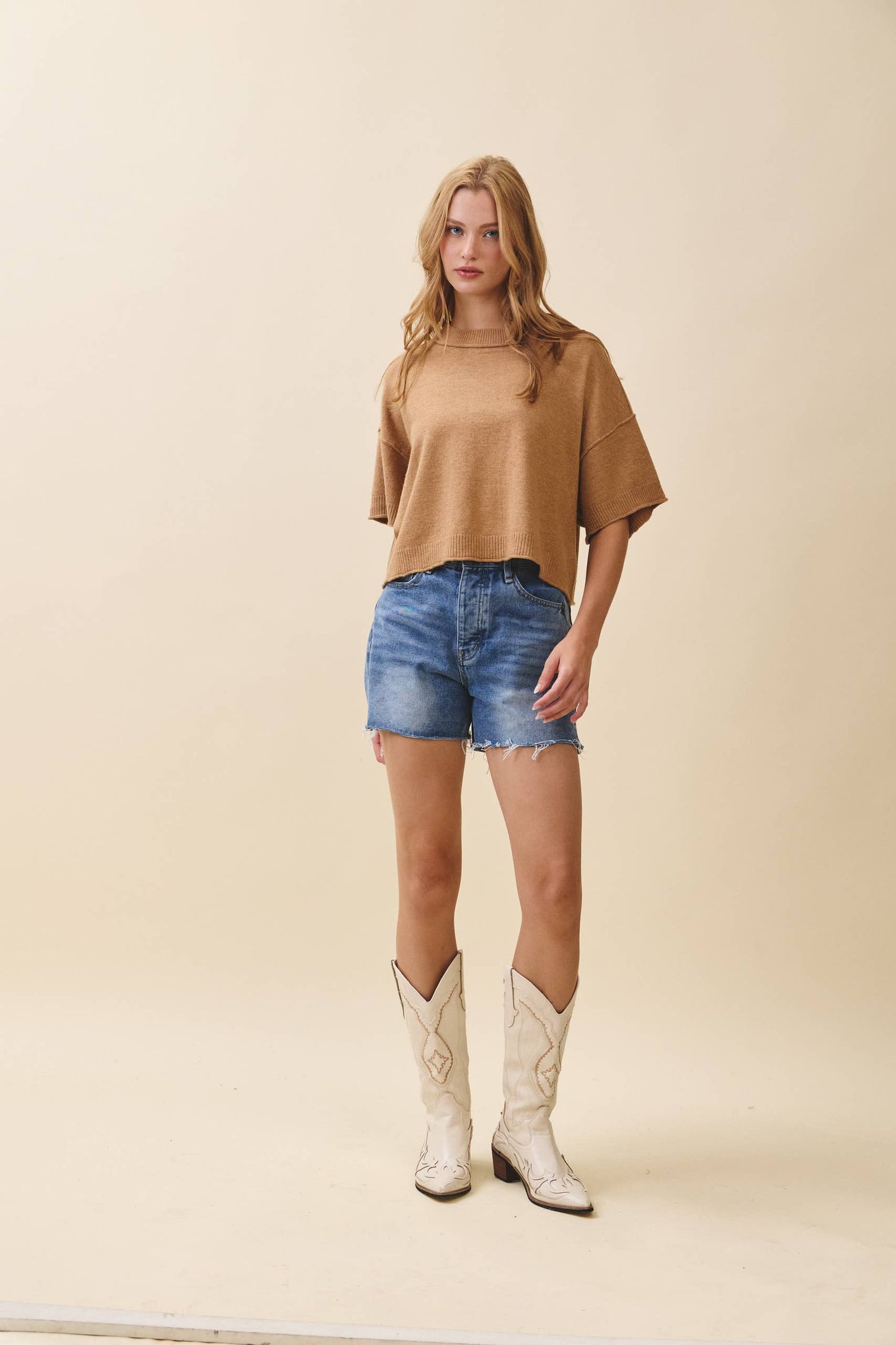 Cropped Short Slv Sweater Camel