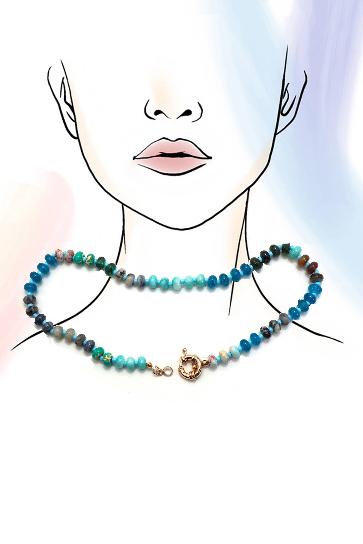 NATURAL STONE CHARM  SPRING CLASP BEADED NECKLACE | 40NK9467: B