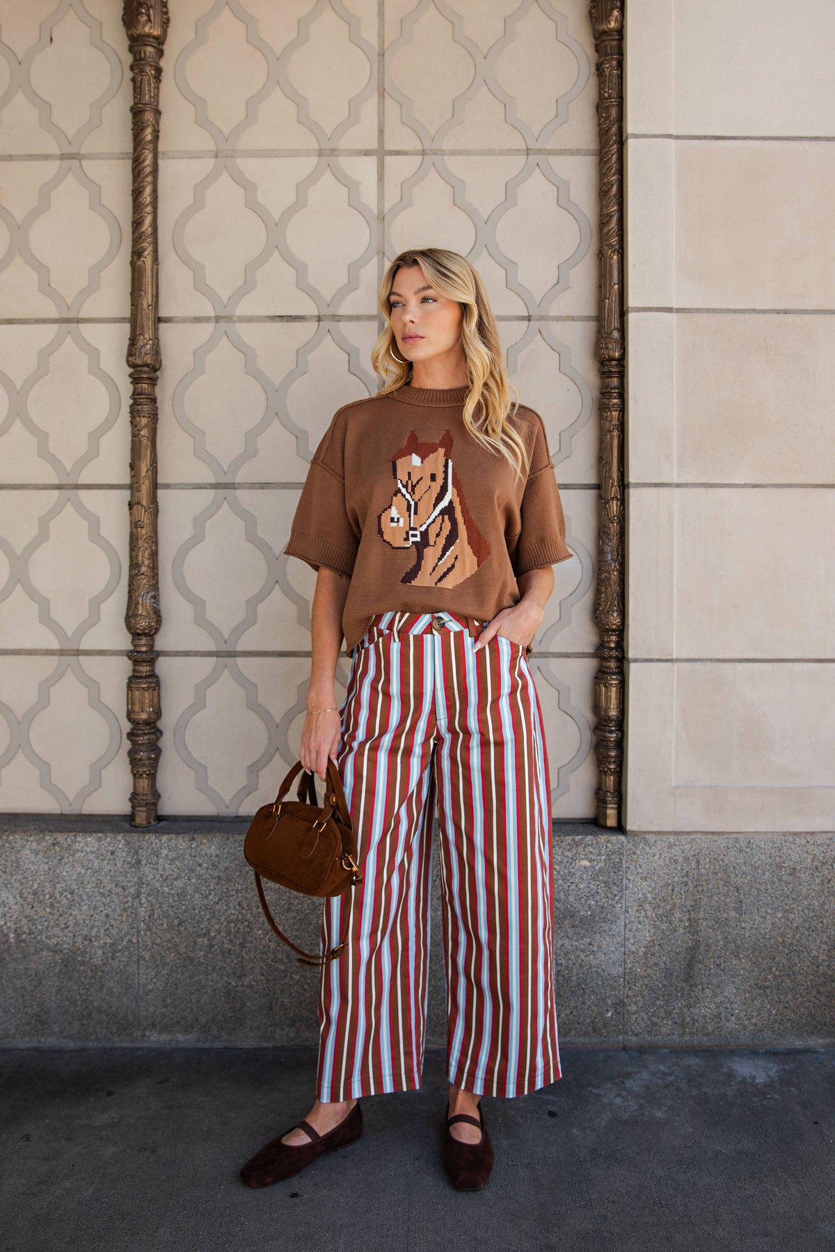 Barrel Leg Stripe Pants Camel/Blue