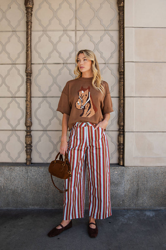 Barrel Leg Stripe Pants Camel/Blue