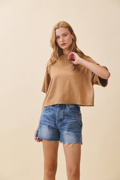 Cropped Short Slv Sweater Camel