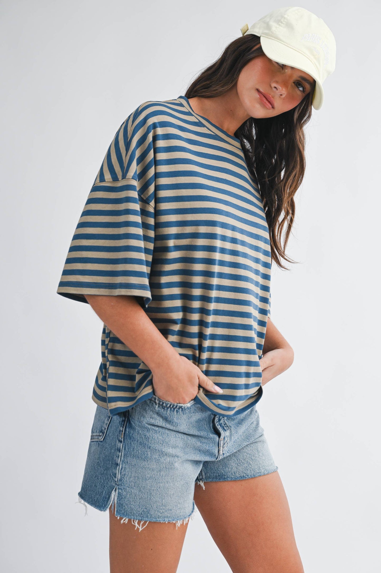 Oversized Stripe Boyfriend Tee Tan