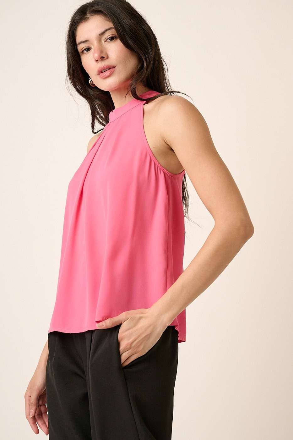 PLEATED A-LINE HALTER TOP: HOT PINK