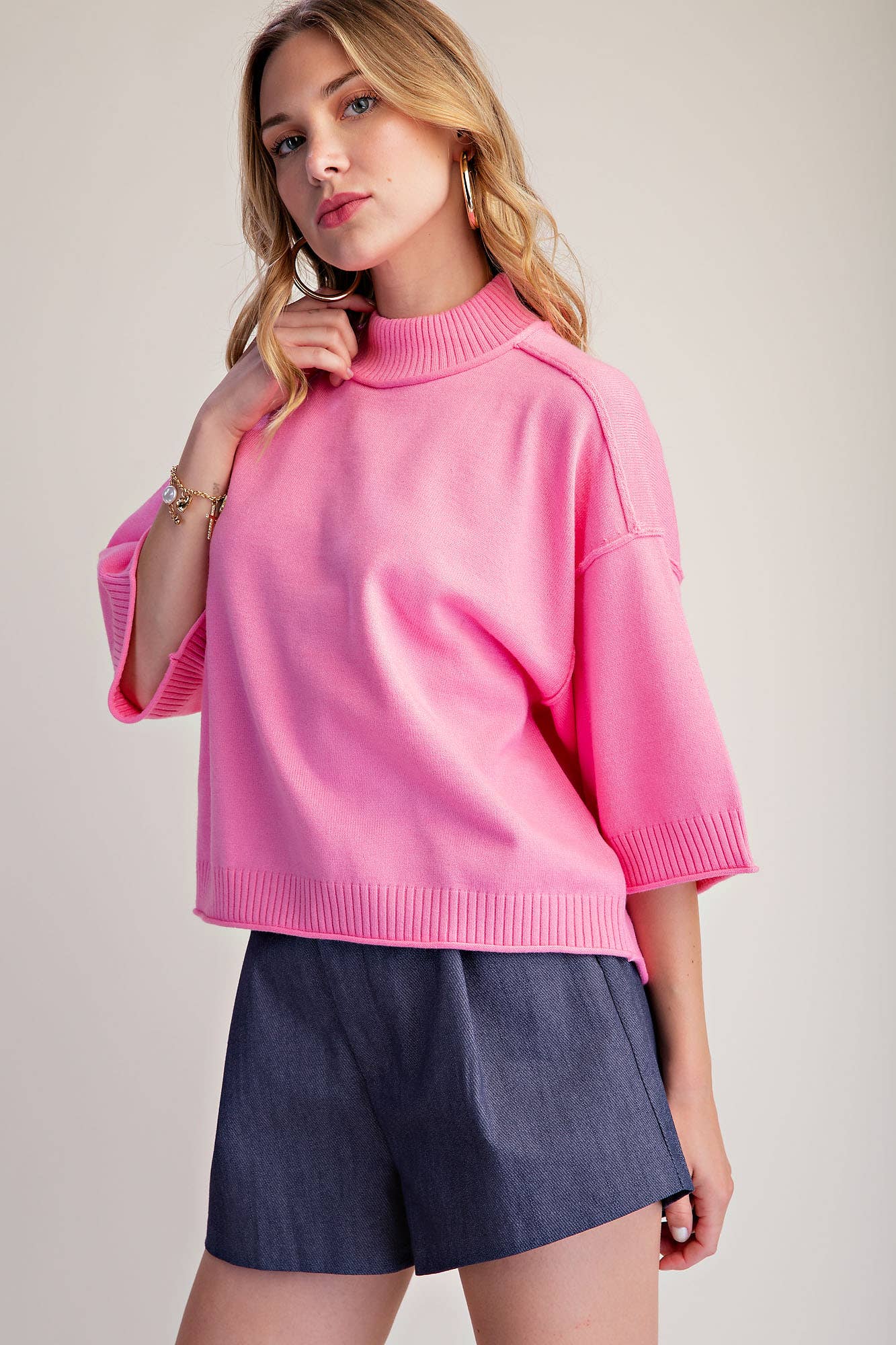 Mock Neck 3/4 Sleeve Sweater Pink