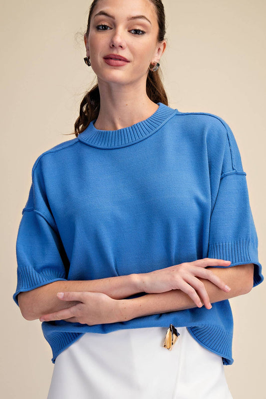 Elbow-Length Sleeve Light Sweater Blue