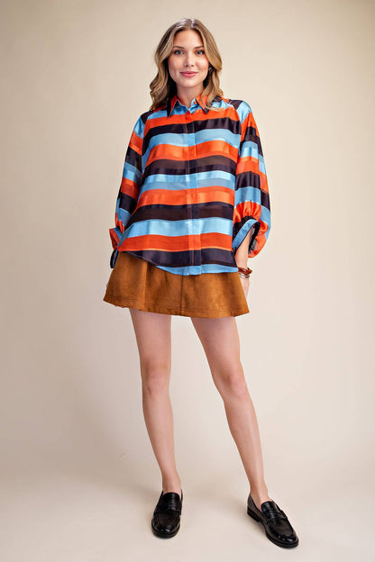 Glam Stripe Balloon Sleeves Shirt Rust