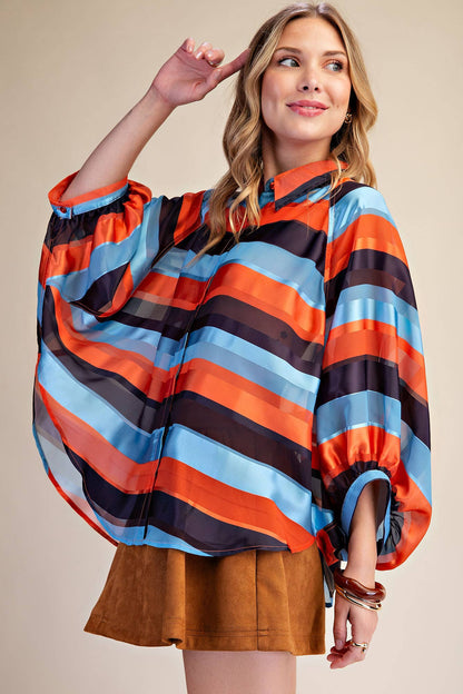 Glam Stripe Balloon Sleeves Shirt Rust
