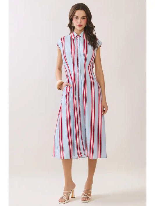 TCEC Striped Button Down Midi Dress