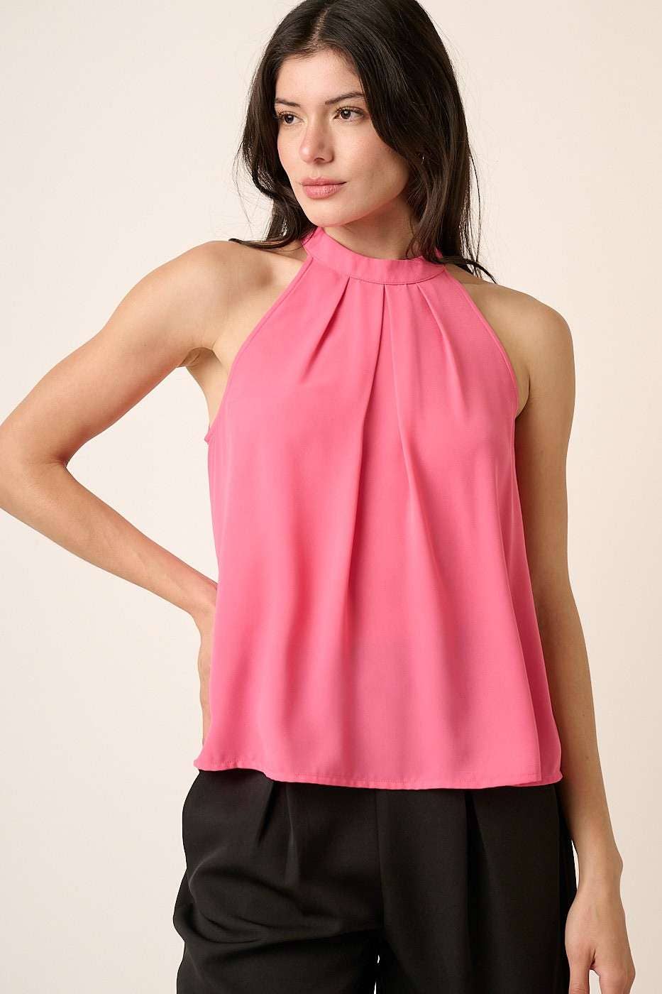 PLEATED A-LINE HALTER TOP: HOT PINK