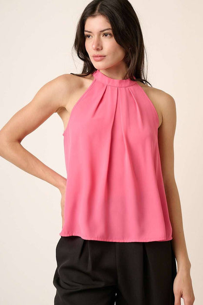 PLEATED A-LINE HALTER TOP: HOT PINK