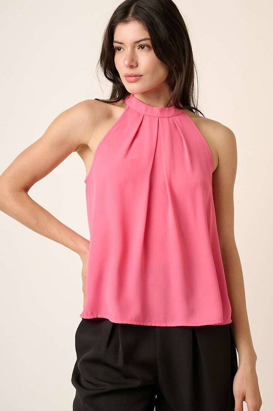 PLEATED A-LINE HALTER TOP: HOT PINK