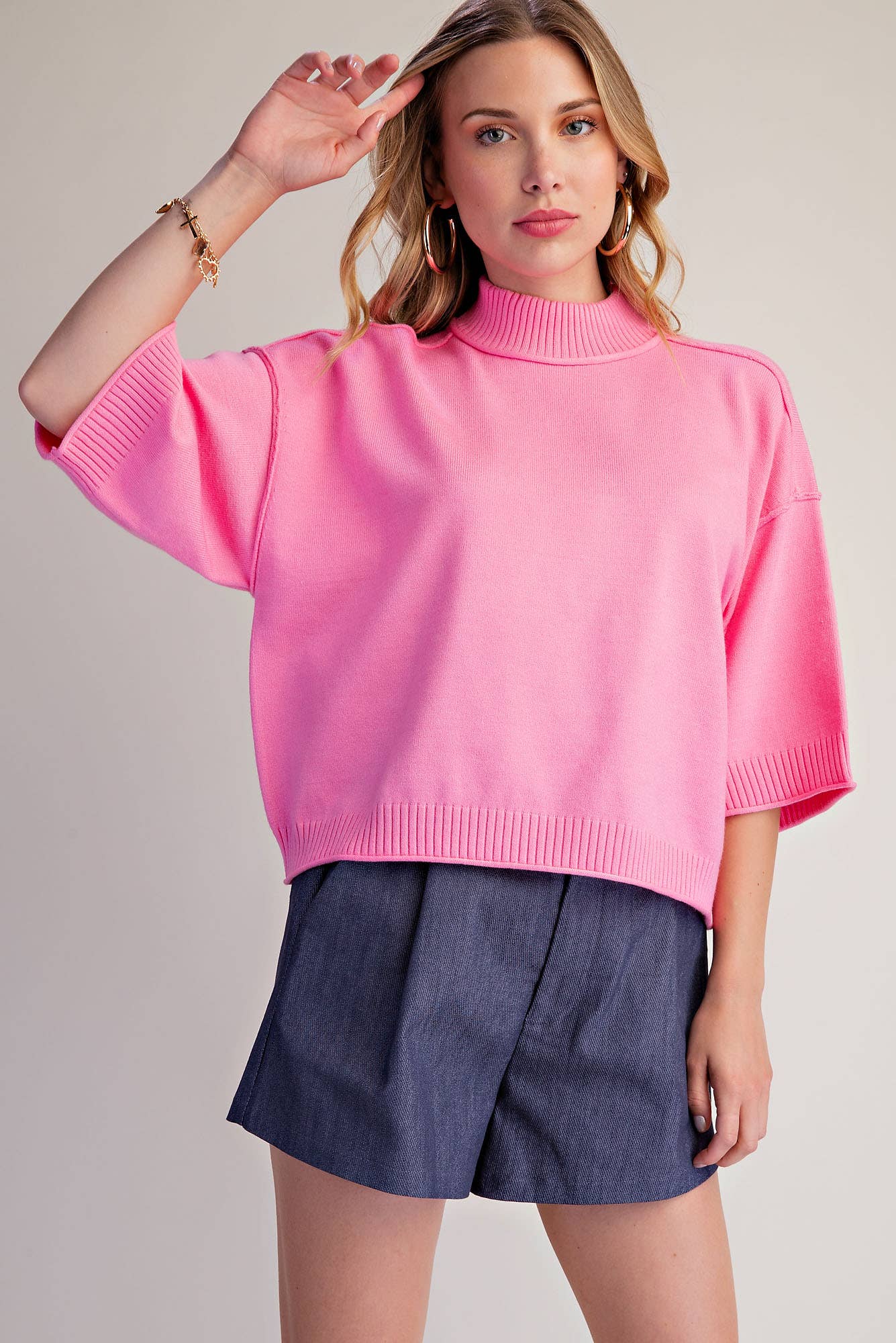 Mock Neck 3/4 Sleeve Sweater Pink