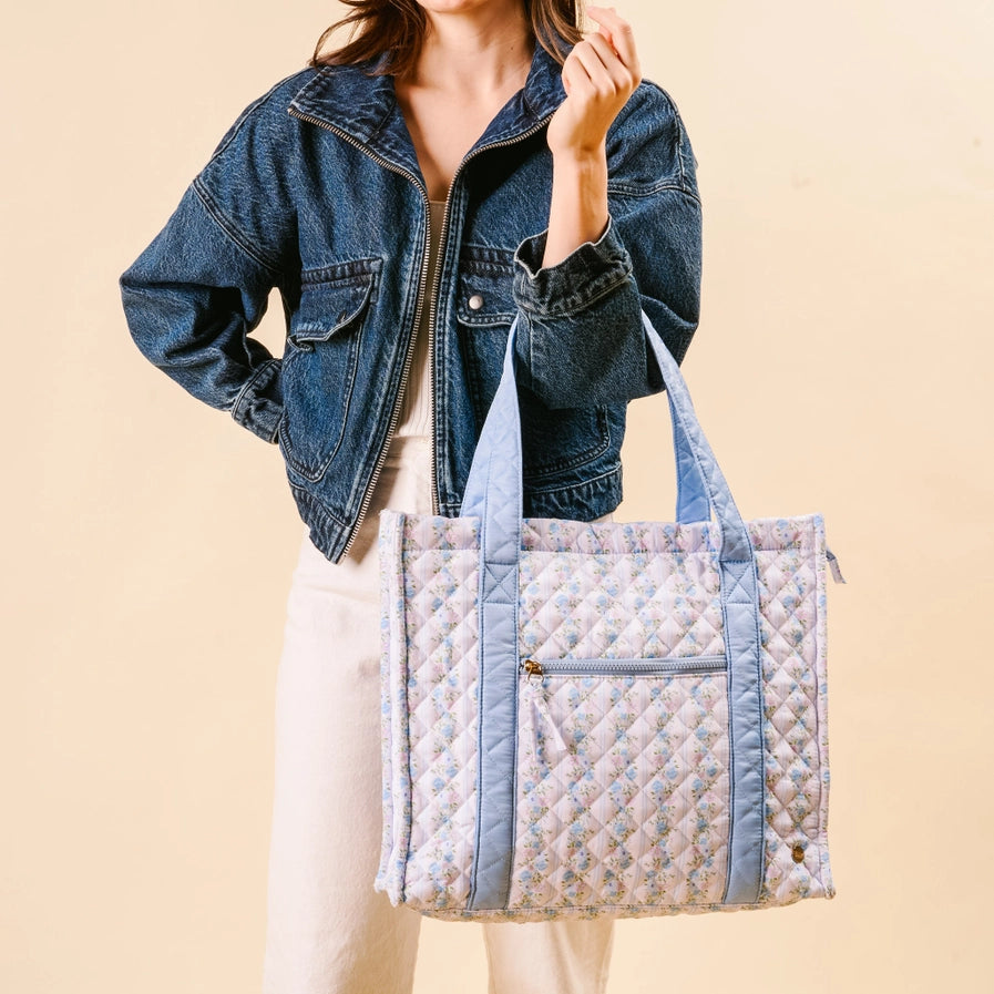 The Everyday Quilted Tote Bag-Petal Parade Blue