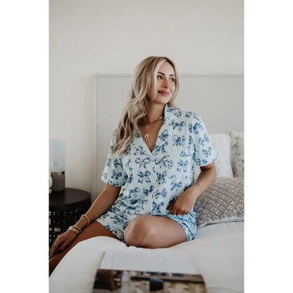 Blue Toile Coquette Bow Pajama Set