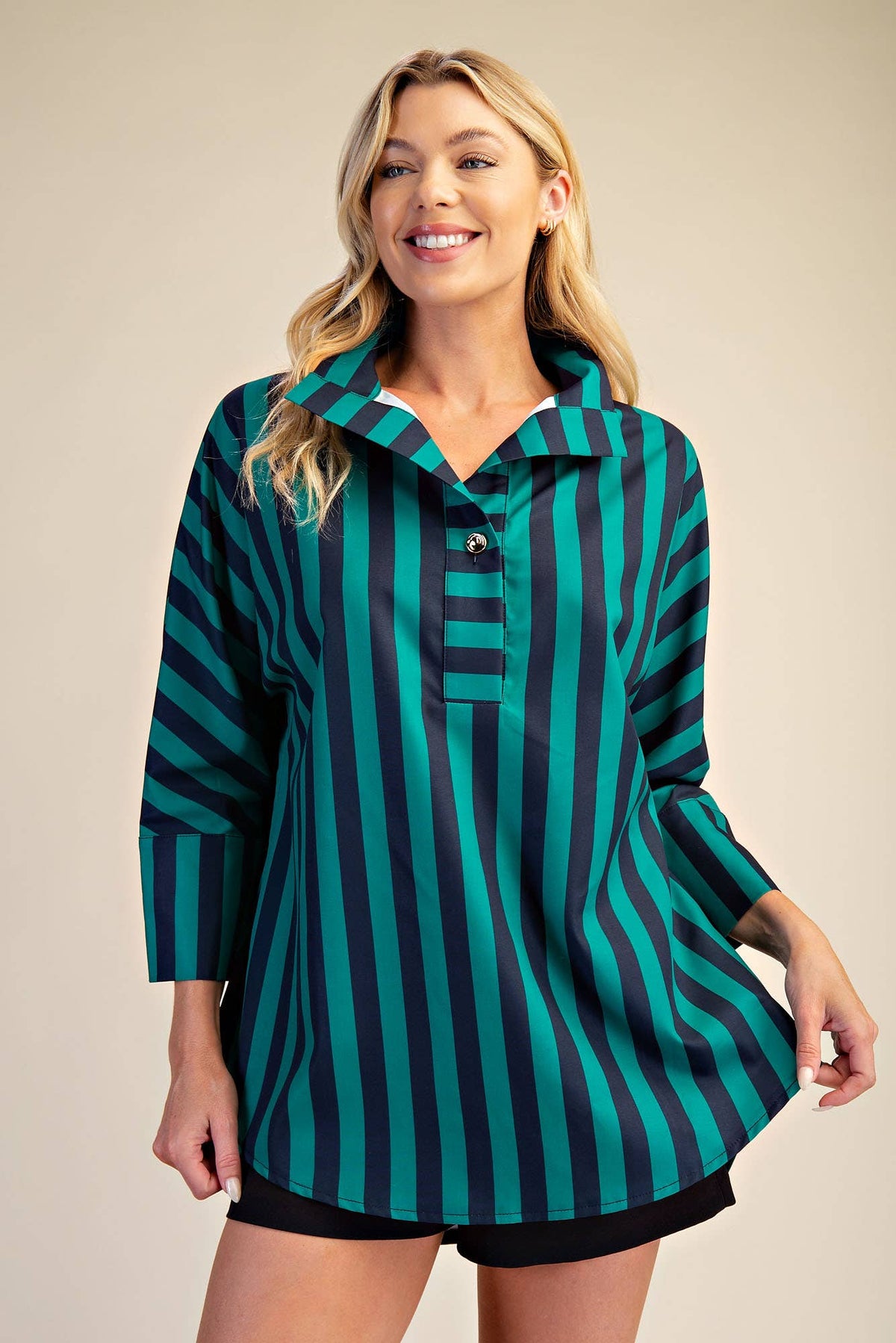 Glam Stand Neck Stripe Top Navy / Green