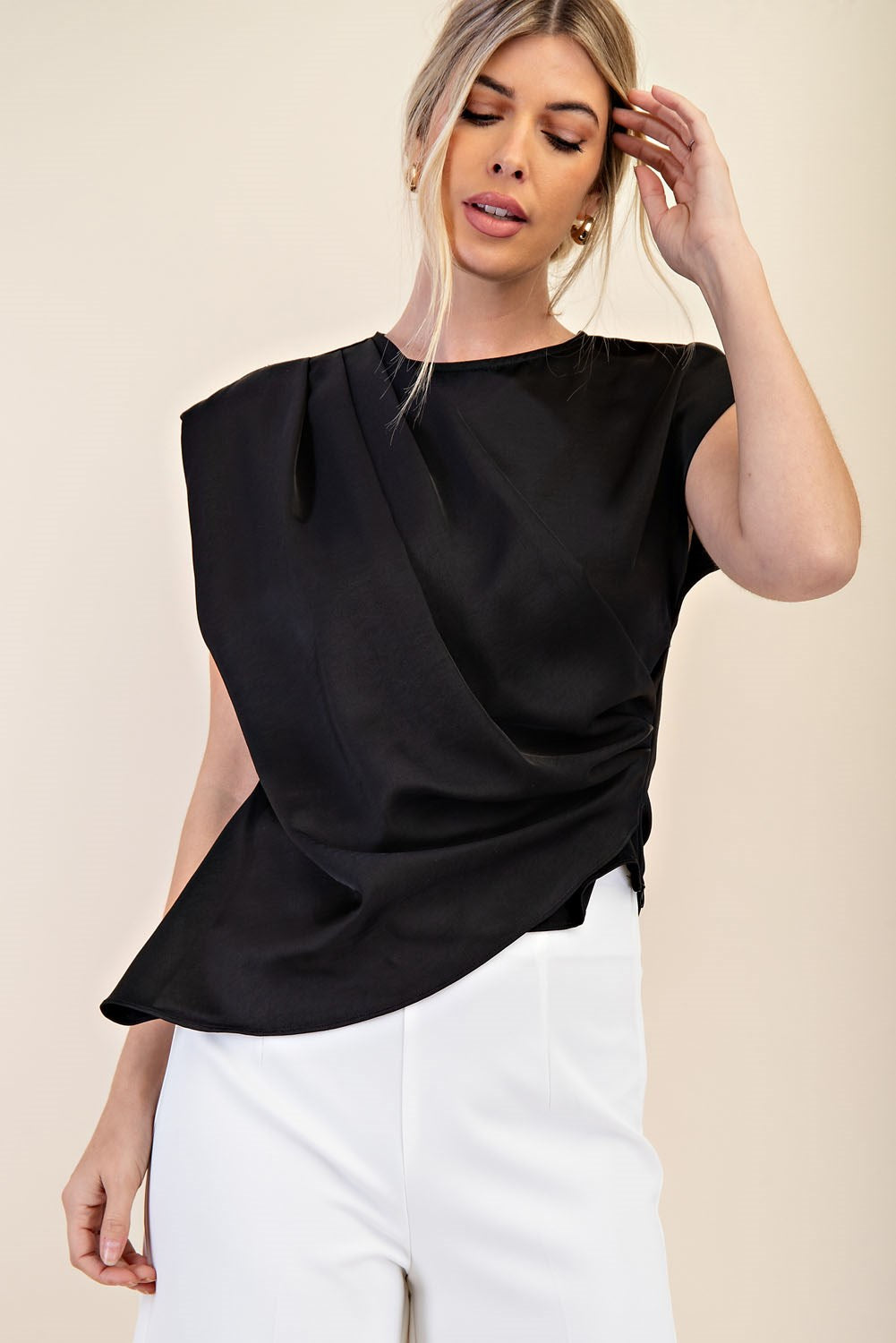 Black Round Neck Wrap Top