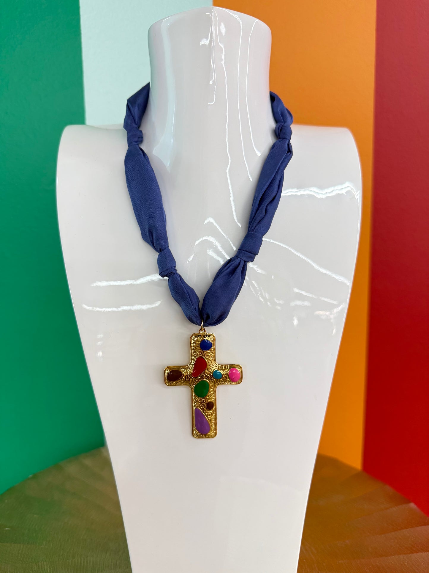 Blue Scarf with Gold Splatter Cross