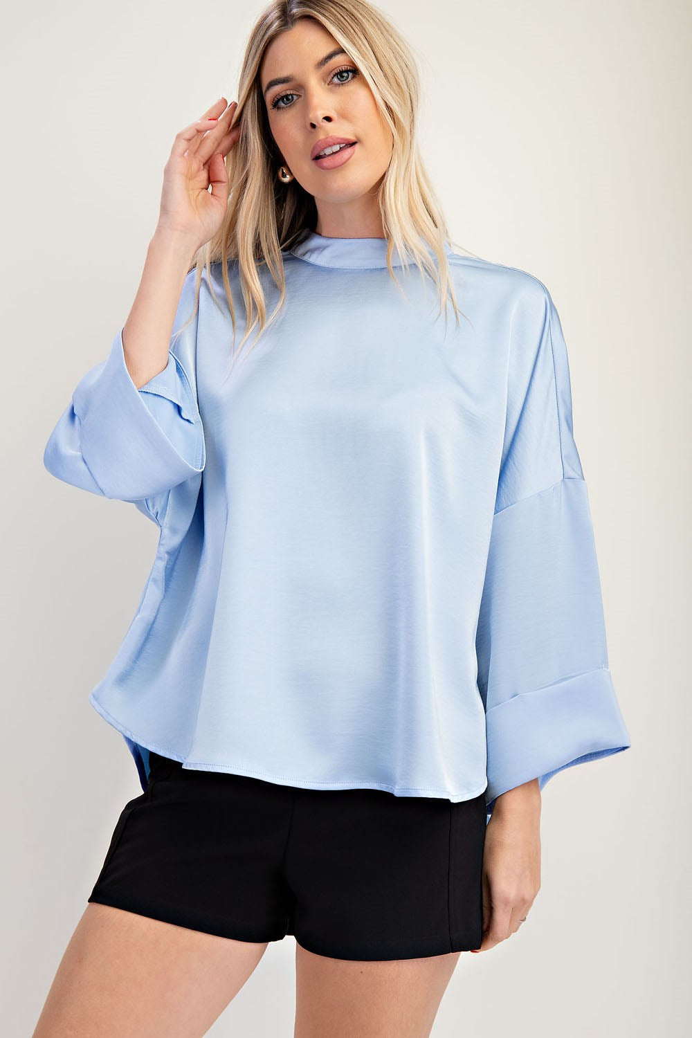 Ice Blue Mock Neck Poncho Style Top