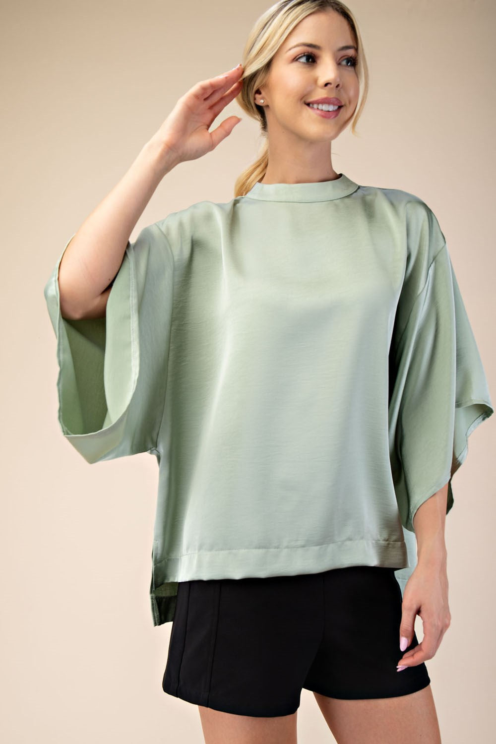 Mint High Neck Wide Short Sleeve Top