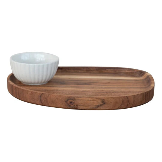 Acacia Wood Serving Tray w Fluted Bowl