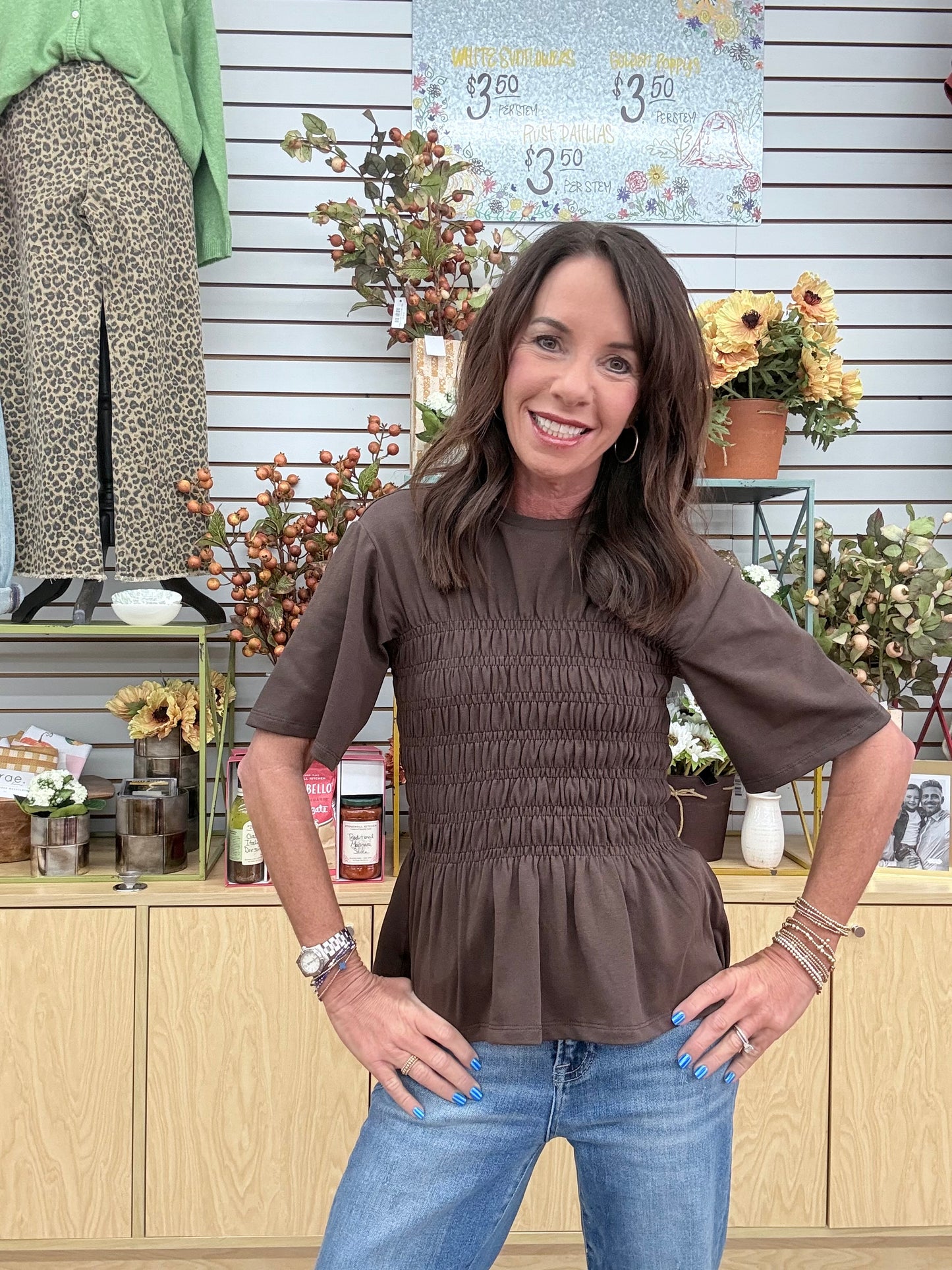 Entro Pleated Peplum Top Brown