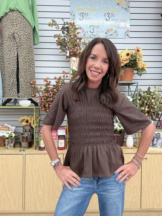 Entro Pleated Peplum Top Brown