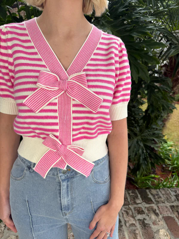 Polly Pink Bow Striped Top