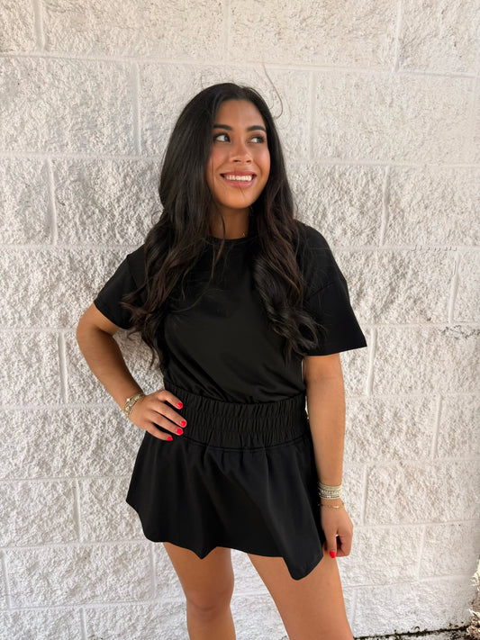 Cropped Tee& Ruffled High Waist Set Black
