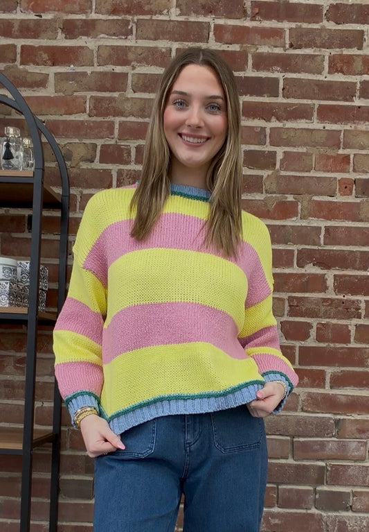 Entro Pink/Yellow Stripe Sweater Blue Cuff
