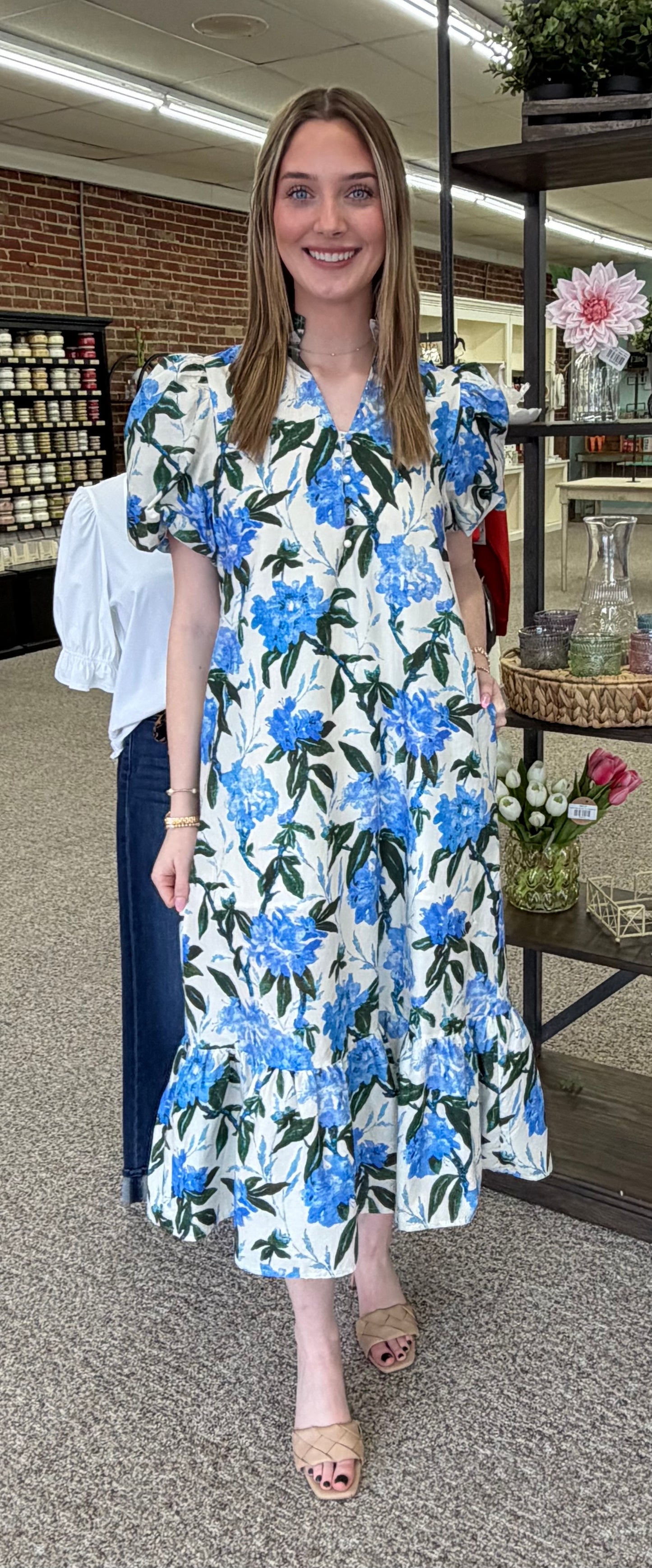 Entro Cream/Blue Floral Dress