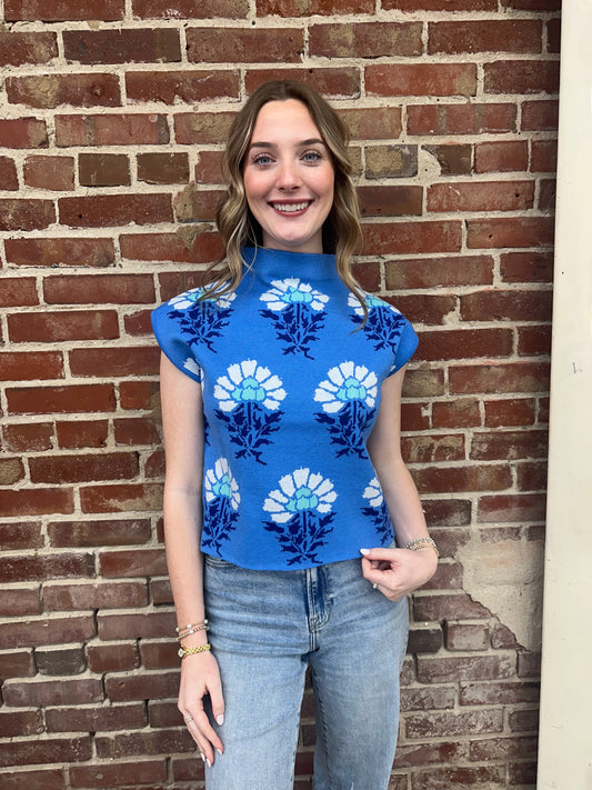 Entro Blue Flower Cap Sleeve Thin Sweater