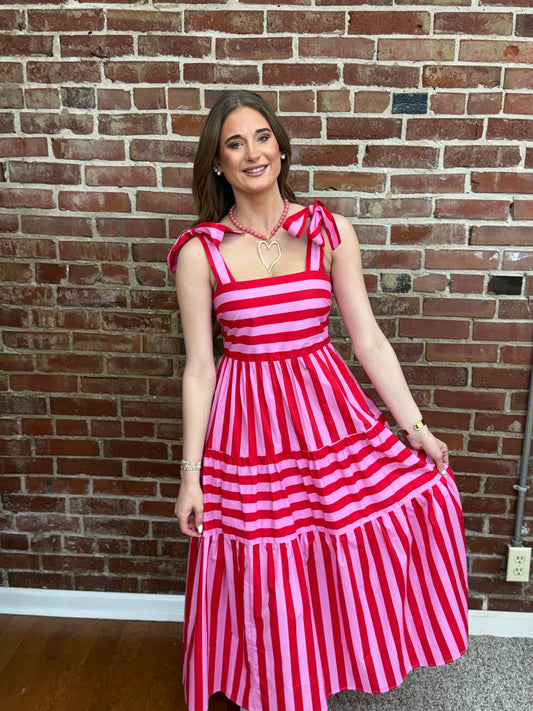 Entro Red/Pink Stripe Tie Shoulder Dress