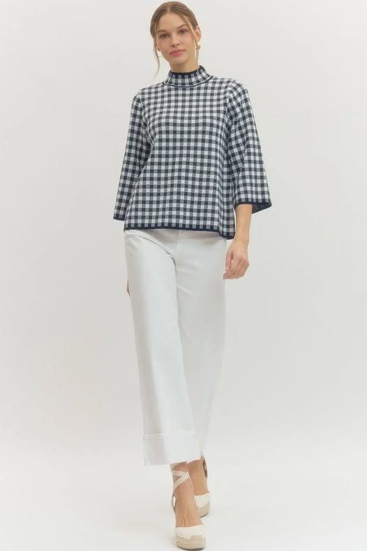 Entro Gingham 3/4 Sleeve Sweater Navy