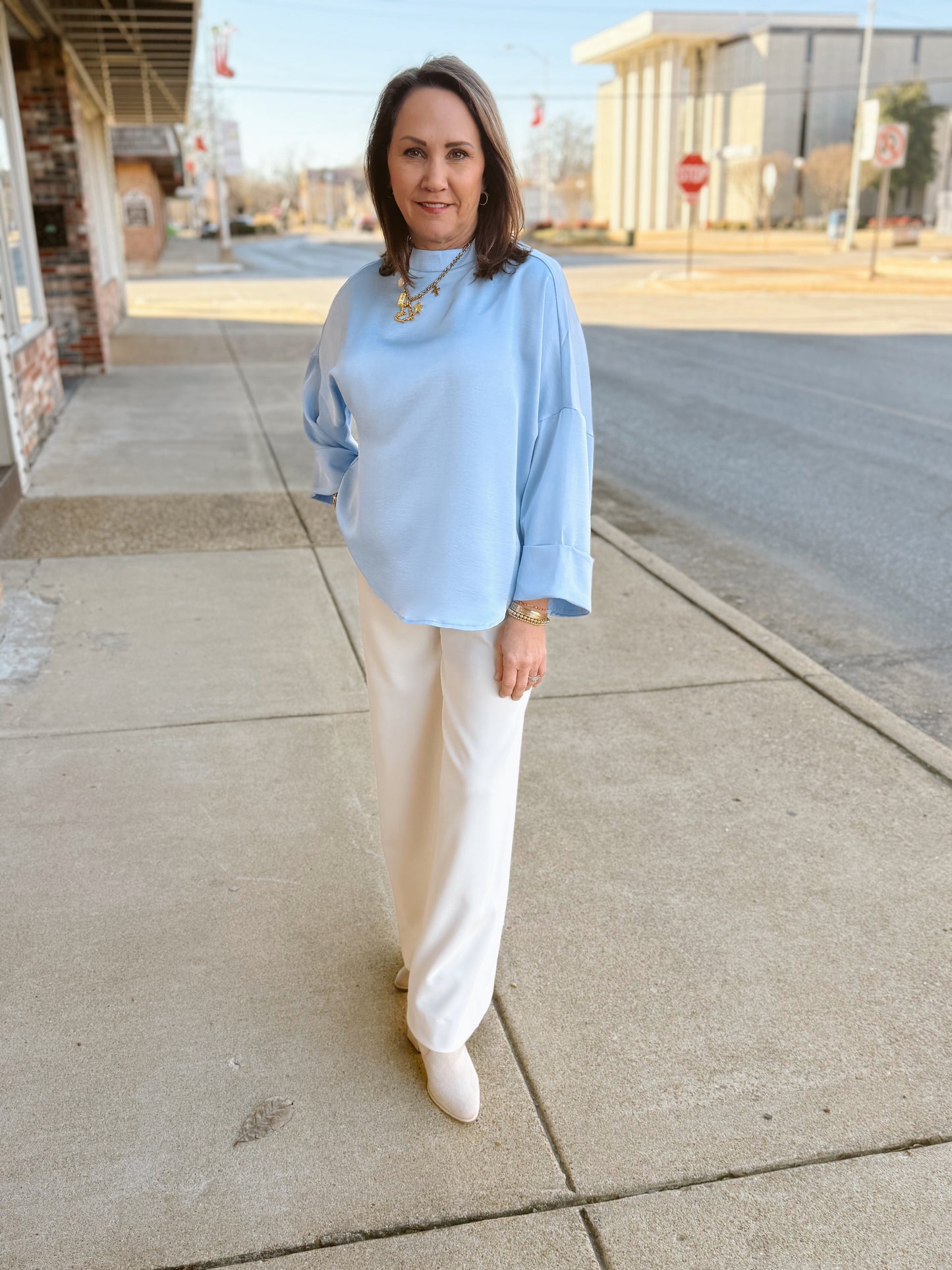 Ice Blue Mock Neck Poncho Style Top