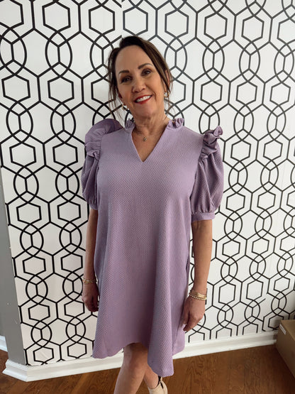 Lavendar V-Neck Puff Sleeve Dress