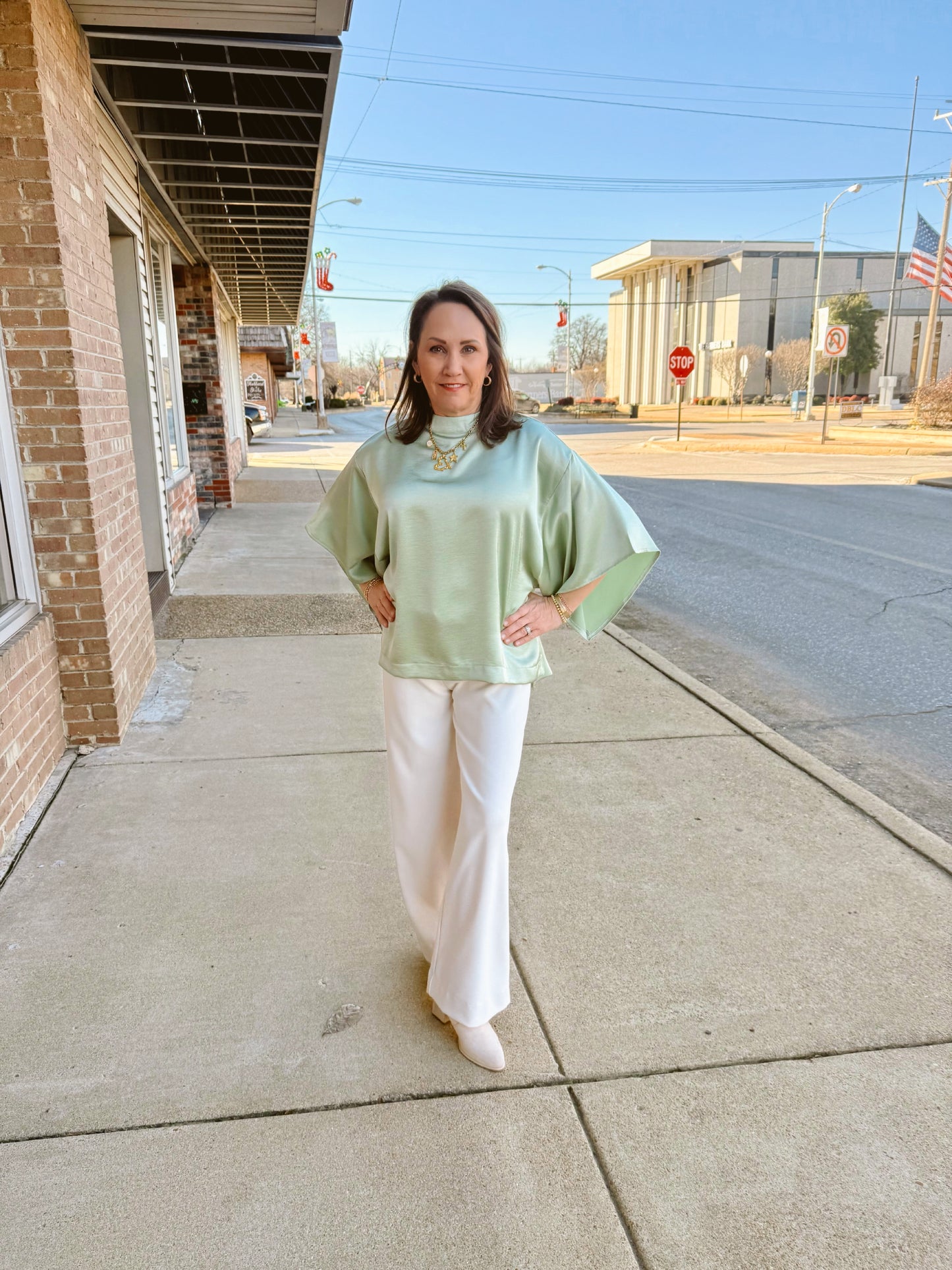 Mint High Neck Wide Short Sleeve Top