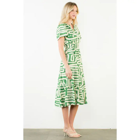 THML Short Sleeve Green/Cream Midi Dress
