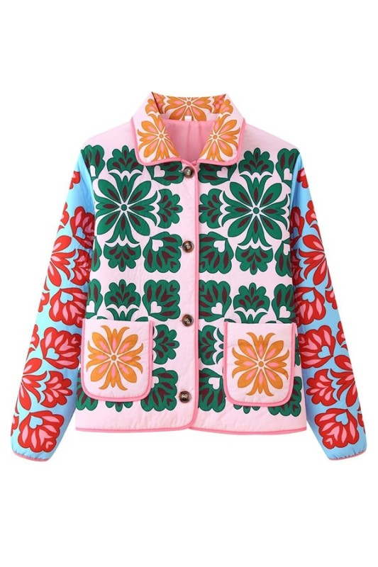 Printed Cropped Quilted Jacket