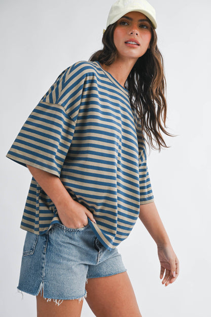 Oversized Stripe Boyfriend Tee Tan