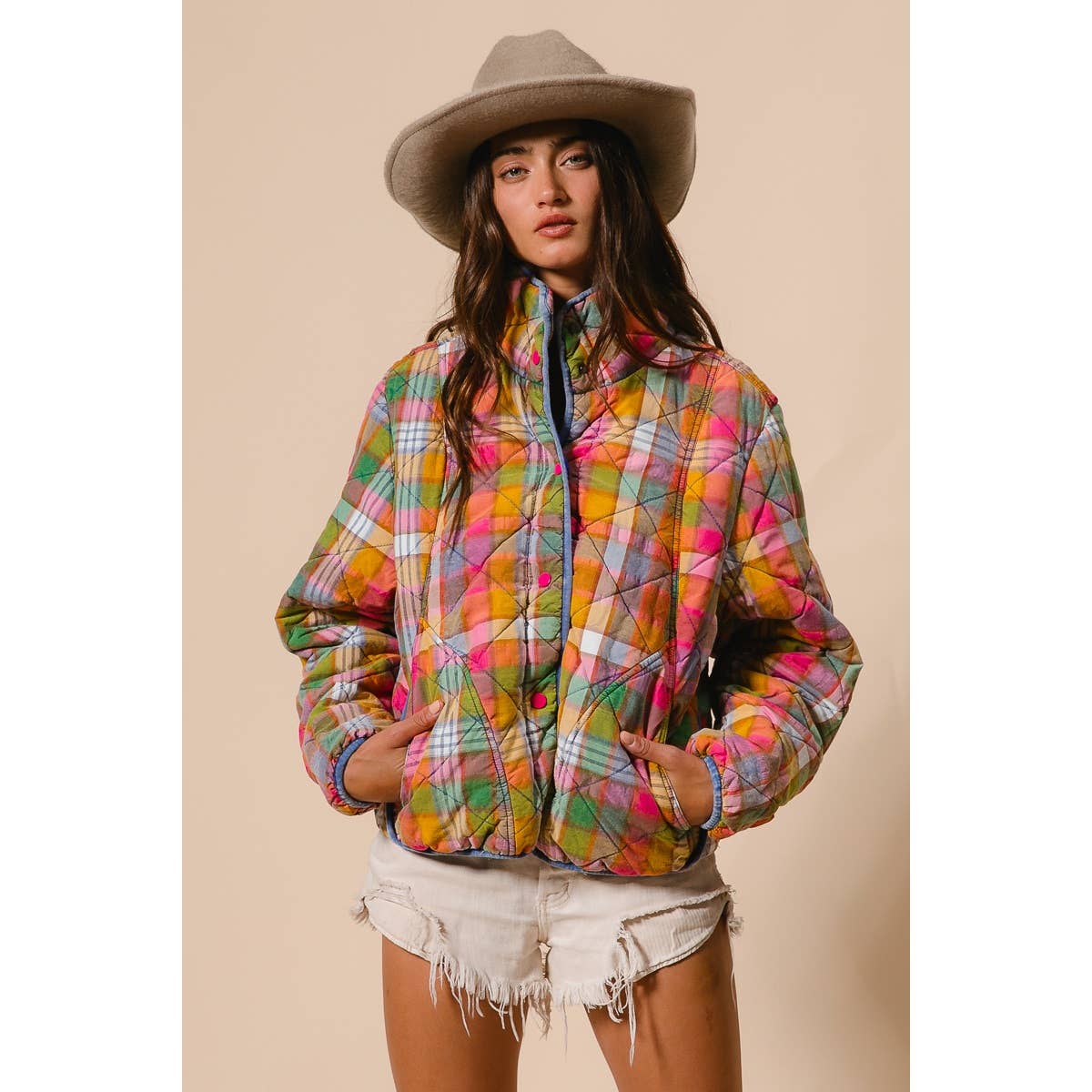 PLAID QUILTED JACKET STAINED GLASS
