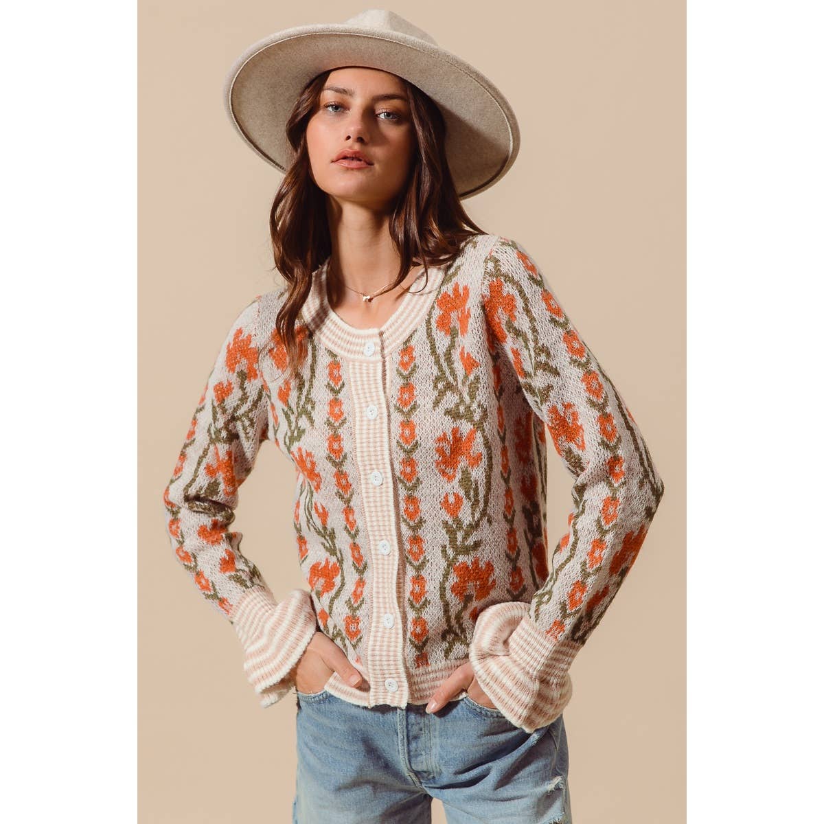 Cream Floral Ruffle Sleeve Cardigan