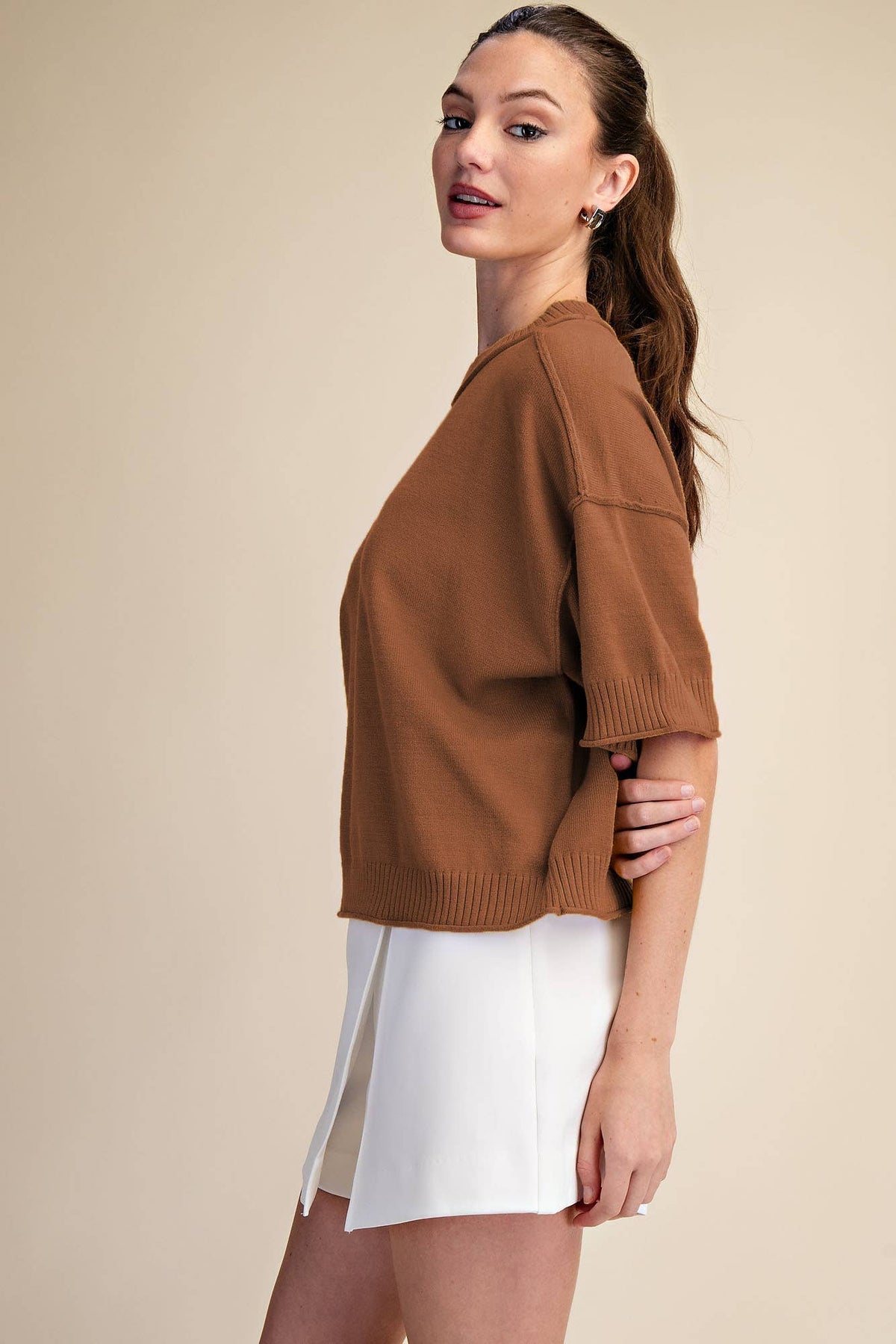 Glam Sweater Elbow-Length Sleeves Camel